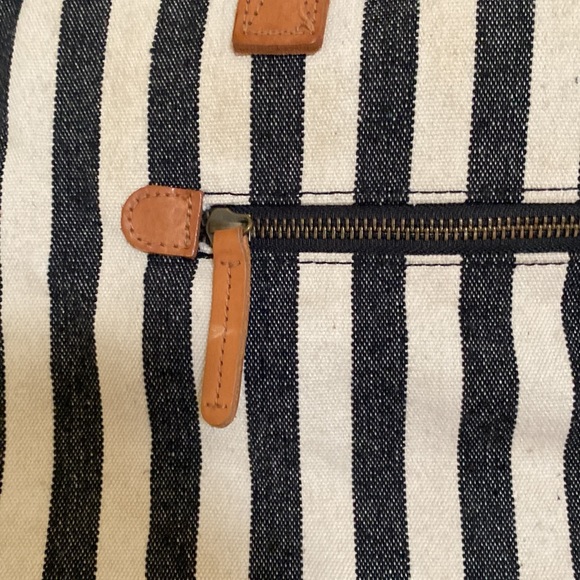 Pottery Barn Kids Mason Black Stripe slouchy diaper tote Tan Leather straps - Picture 2 of 15